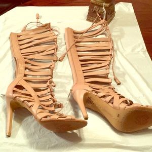 Sexy strapped   beige heeled boots